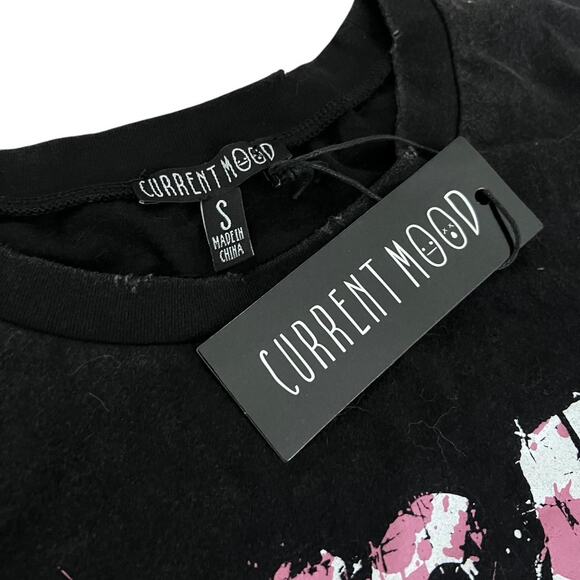 NWT Dolls Kill Current Mood Distressed Emo Black Floral Skull Graphic Tee S - Picture 2 of 3